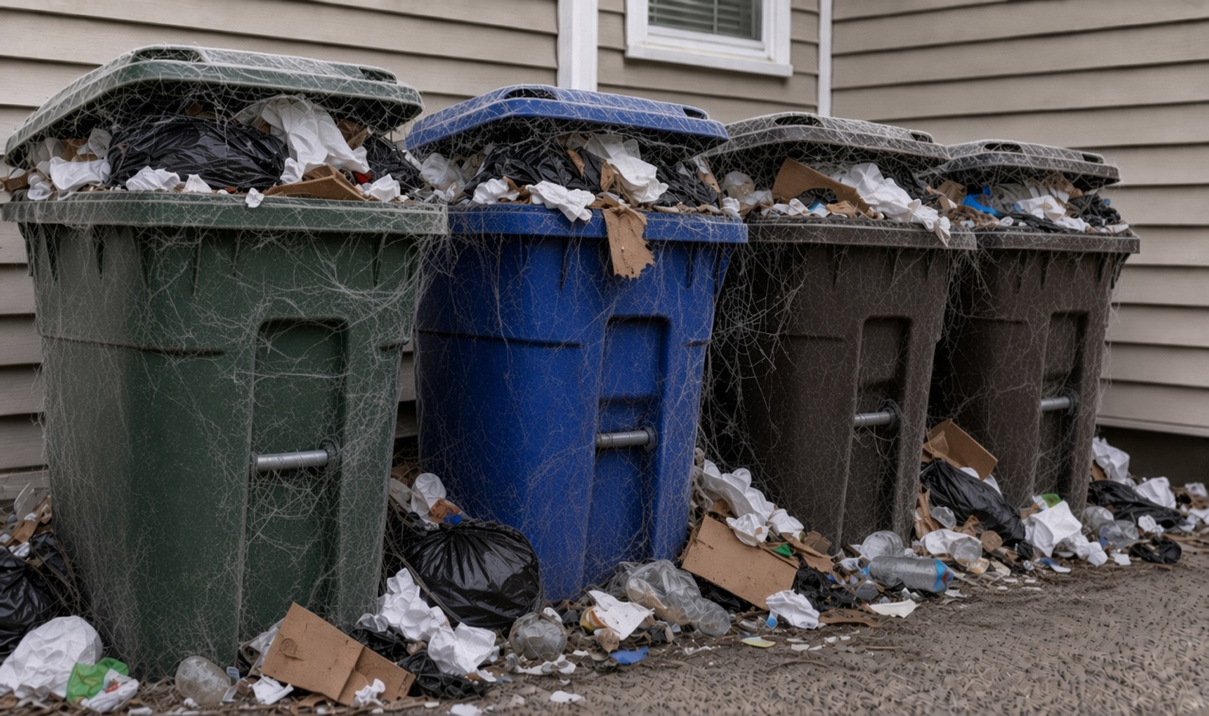 Overflowing trash piled in front of green bins
